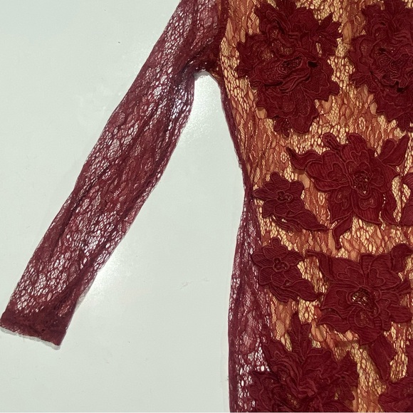Luxxel Maroon Sheer Net Embroidered Floral Bodycon Dress With Nude Bodysuit M - Picture 8 of 15